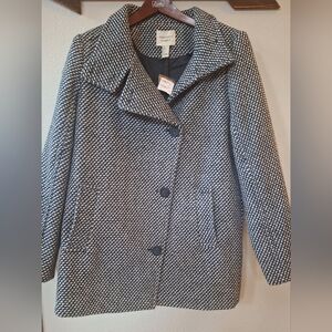 NWT Forever 21 Black/White Wool Blend Peacoat  Button Front Womens L